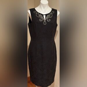 ELLEN TRACY Black Floral Print Sleeveless .Silver Paisley Beaded Dress Sz 12